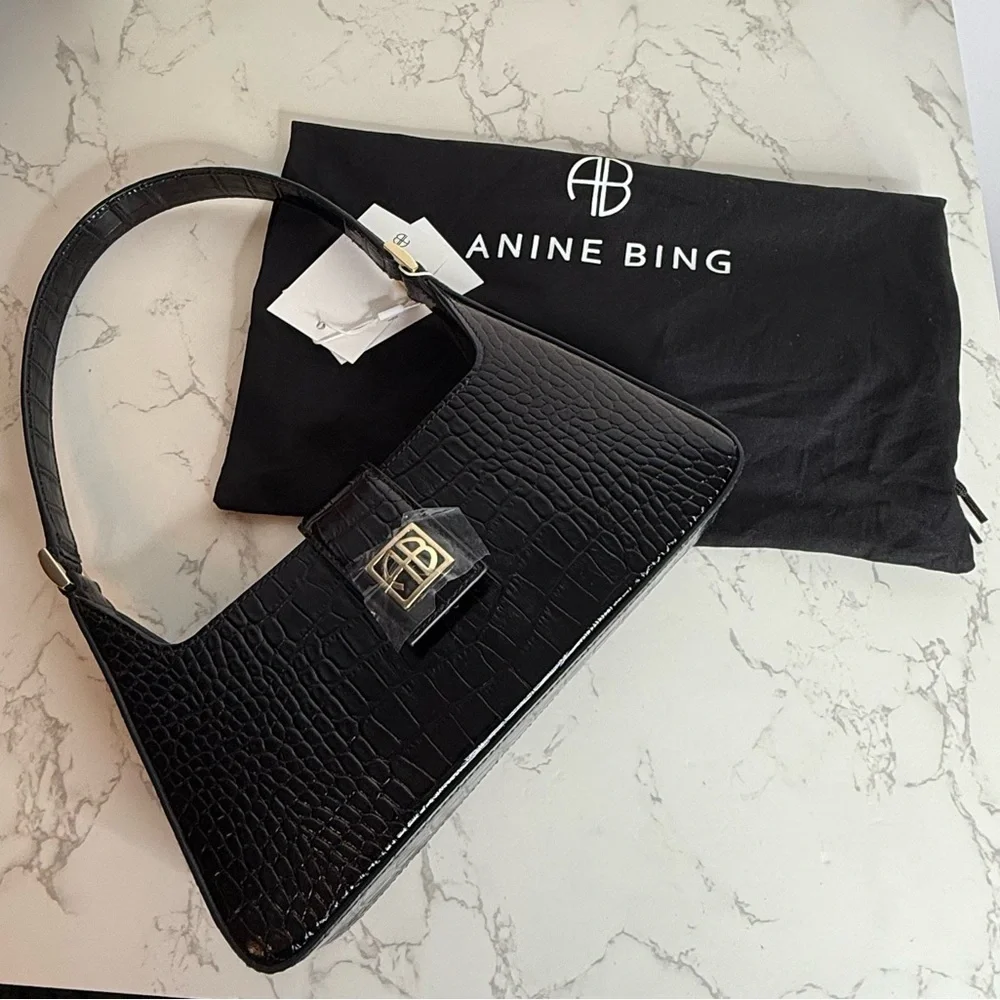 Anine Bing Mini Grace Shoulder Bag in Black Embossed Croc - Picture 2 of 13